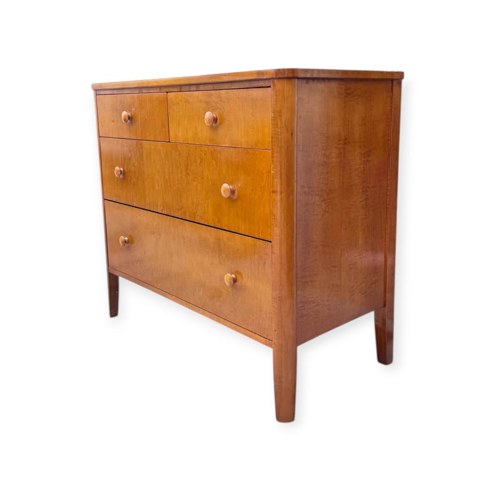 Vintage Art Deco Honey Elm Wood 4-Drawer Dresser Chest of Drawers w/Tapered Legs & Original Wood Kno