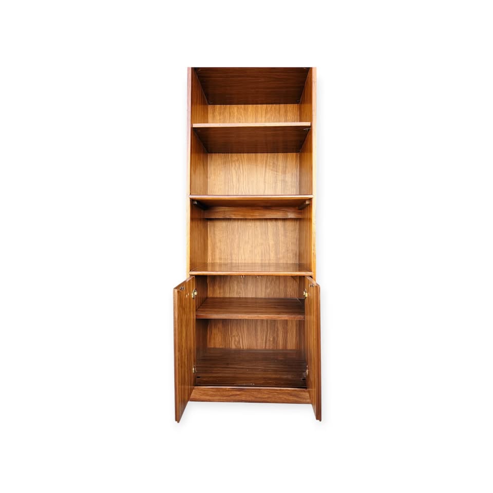 Vintage Mid Century Burl Veneer 4-Tier, 2-Door Bookshelf Cabinet w/Burl Header by Edward Wormley