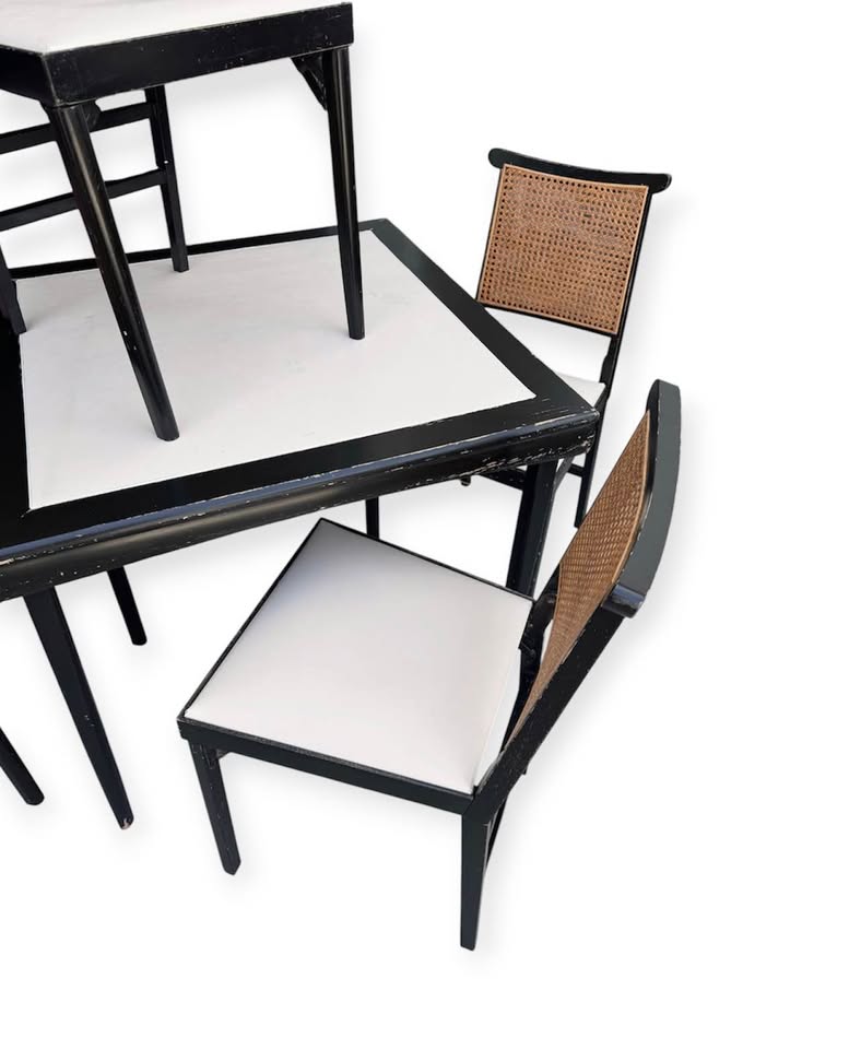 Vintage Mid Century 1963 5-Piece Folding Ebonized Wood & Natural Cane Dining Set w/White Vinyl Upholstered Seats by Leg-O-Matic Chairs