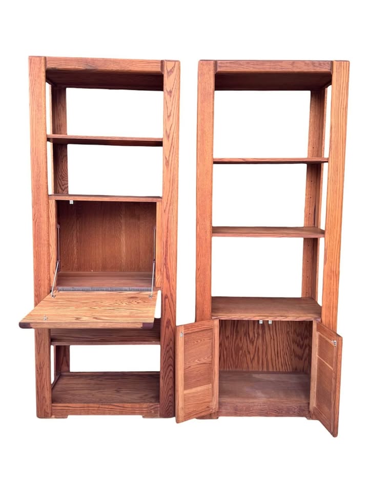 Pair of Vintage 1970's Large Scale 3 & 4 Tier Golden Oak Chevron Parquet Display Etagere Bookshelves