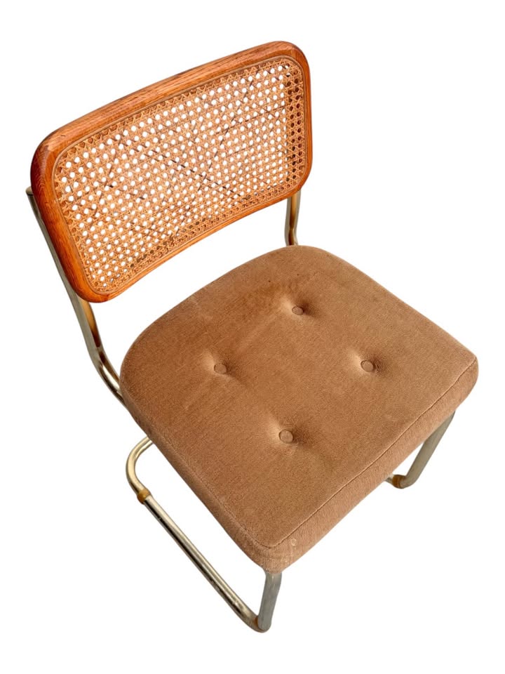 Pair of Vintage Mid Century Tan Velour Button Tufted Cesca Cane Back Dining Chairs w/Tubular Brass F