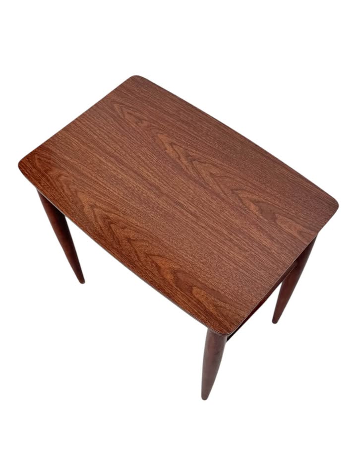 Vintage Mid Century Walnut Side Table or Nightstand w/Dramatic Tapered Legs & Laminate Top