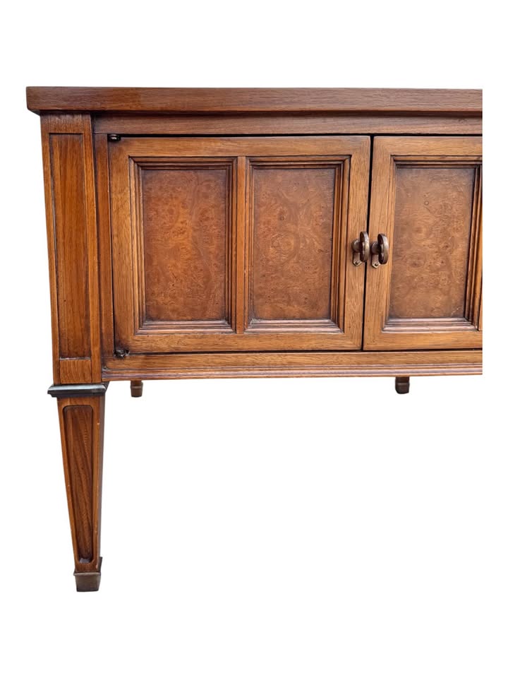 Pair of Vintage Mid Century Nightstands or Side Tables w/Double Door Cabinet, Brass Accents, Burl Fa