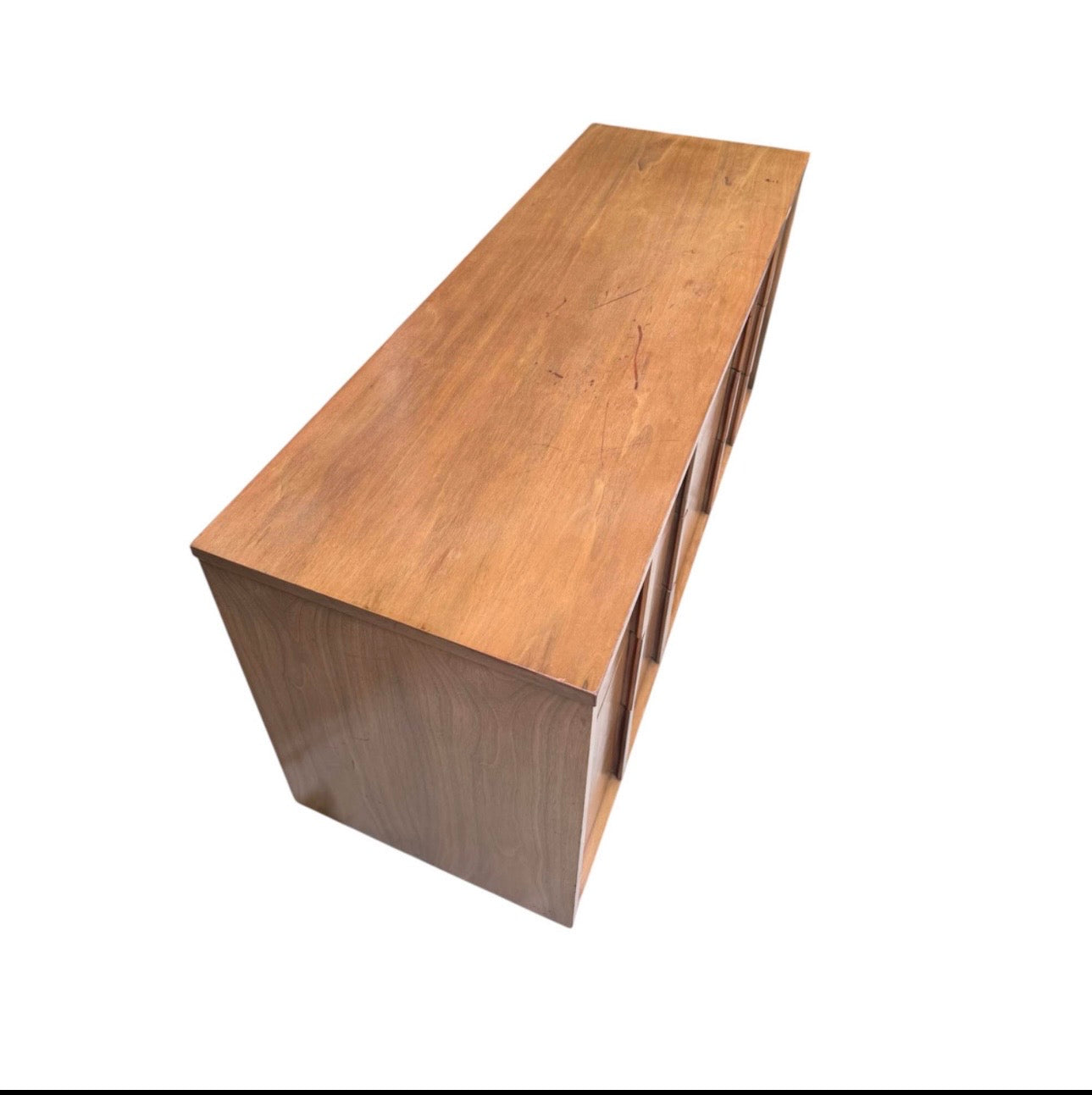 Vintage Mid Century 6-Drawer Walnut Dresser Credenza w/Hourglass Parquet Facade, Hand Carved Wooden