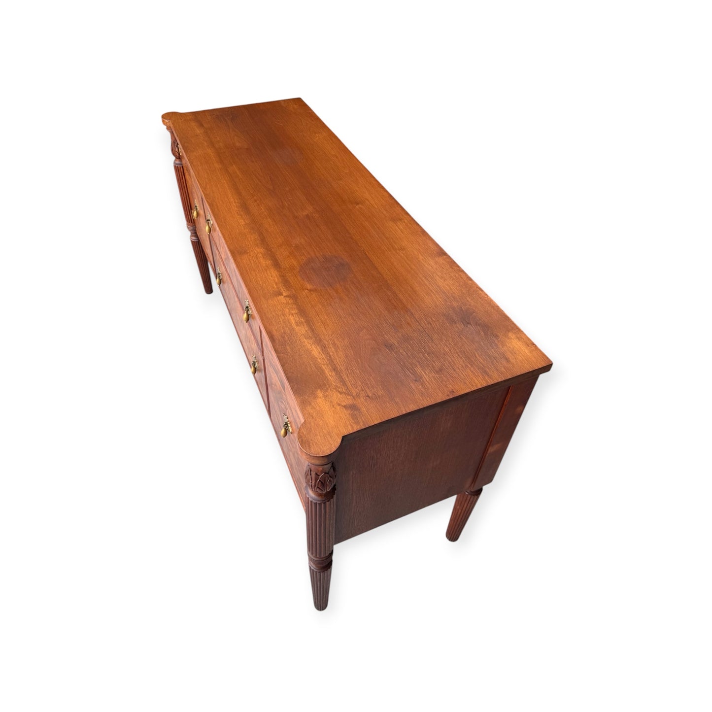 Vintage 2-Door, 2-Drawer Burl Book-Matched Veneer Buffet Sideboard Credenza w/Diamond Shaped Brass Hardware & Fluted Legs