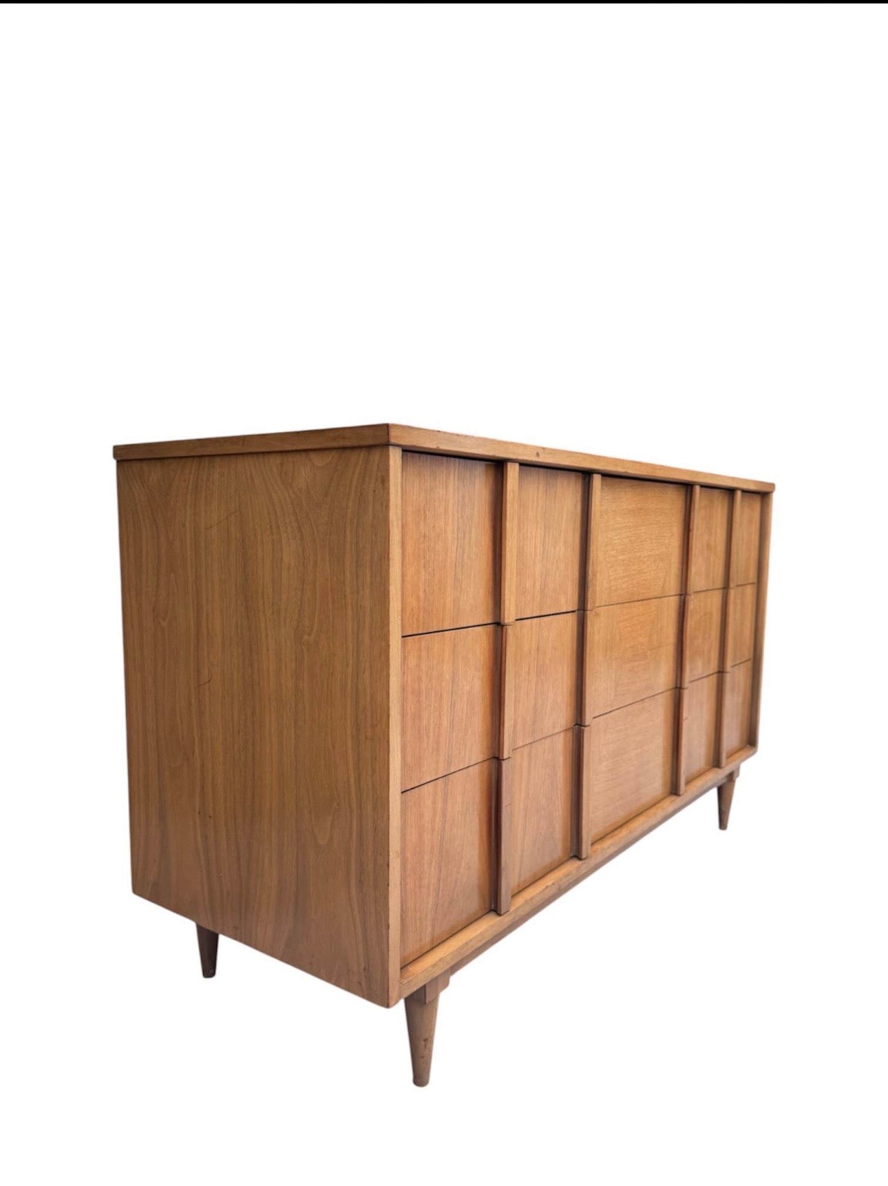 Vintage Mid Century 6-Drawer Walnut Dresser Credenza w/Hourglass Parquet Facade, Hand Carved Wooden