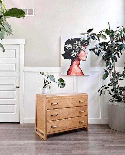 Vintage Mid Century 3-Drawer Maple Dresser Chest of Drawers w/Rounded-Top Wrap-Around Frame & Mixed