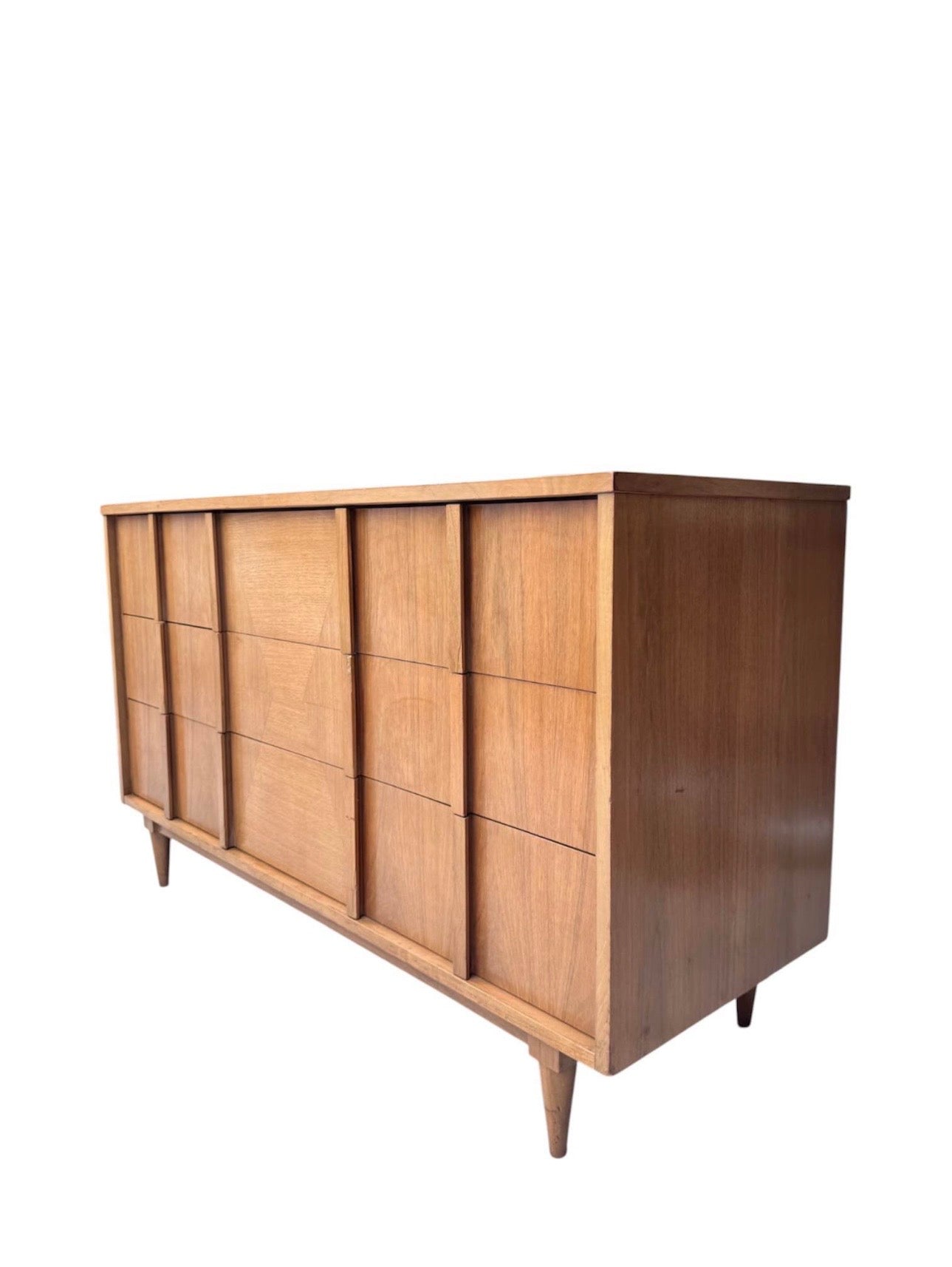 Vintage Mid Century 6-Drawer Walnut Dresser Credenza w/Hourglass Parquet Facade, Hand Carved Wooden
