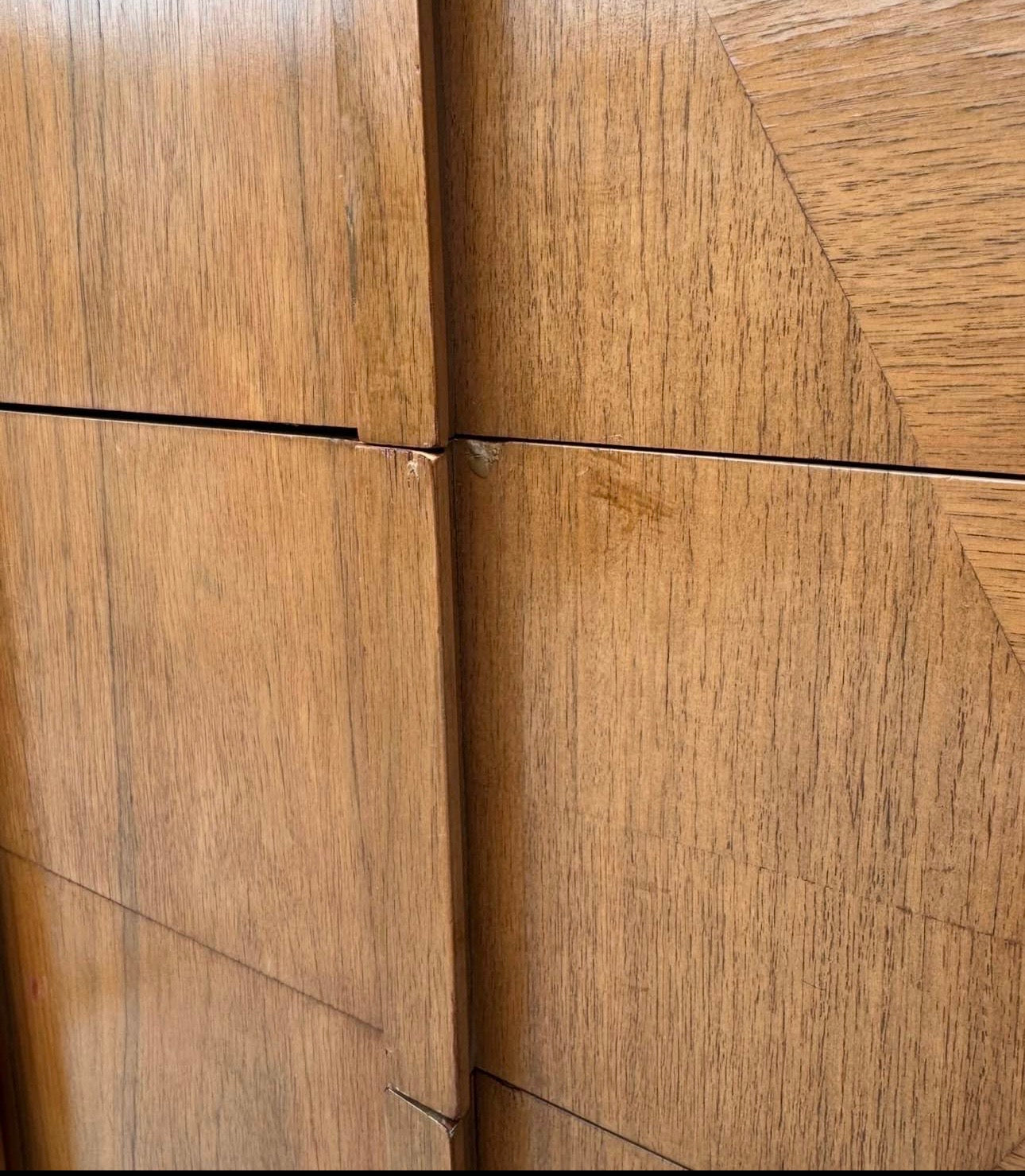 Vintage Mid Century 6-Drawer Walnut Dresser Credenza w/Hourglass Parquet Facade, Hand Carved Wooden