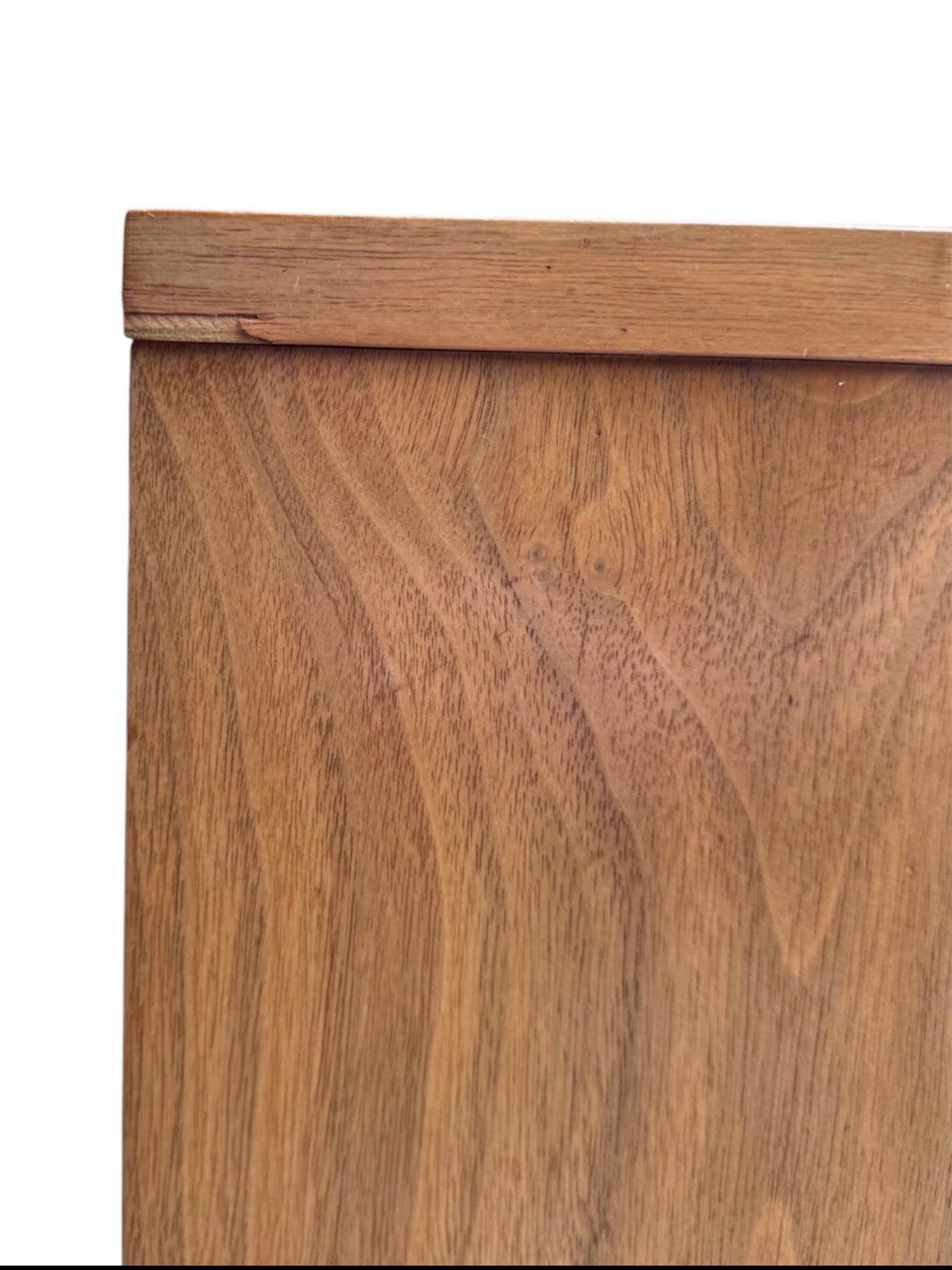 Vintage Mid Century 6-Drawer Walnut Dresser Credenza w/Hourglass Parquet Facade, Hand Carved Wooden