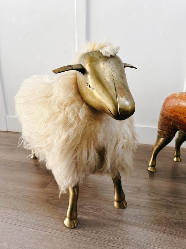Vintage Mid Century 1975 Wool Wrapped Sheep Stools Sculpture w/Wood Form & Brass Appendages • After — FloralHaus Vintage Utah
