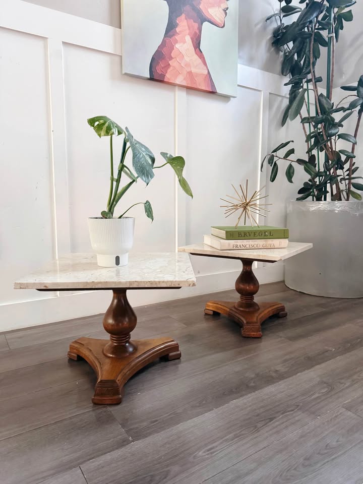 Pair of Vintage Empire Marble Top Pedestal Side Tables, Nightstands or Plant Stands — FloralHaus Vintage Utah