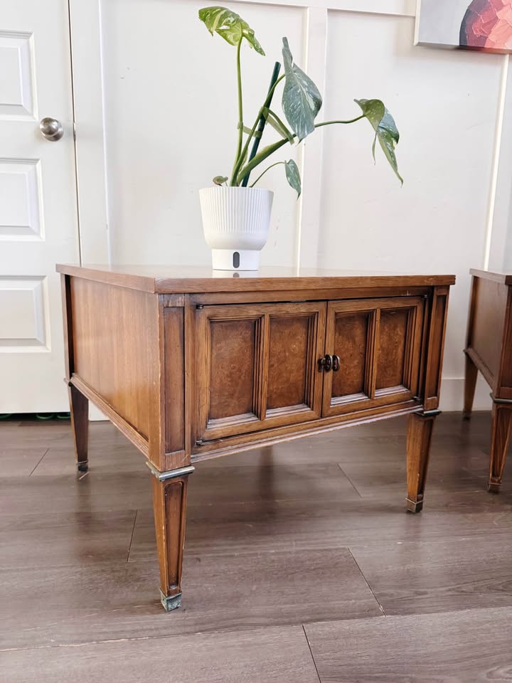 Pair of Vintage Mid Century Nightstands or Side Tables w/Double Door Cabinet, Brass Accents, Burl Fa — FloralHaus Vintage Utah