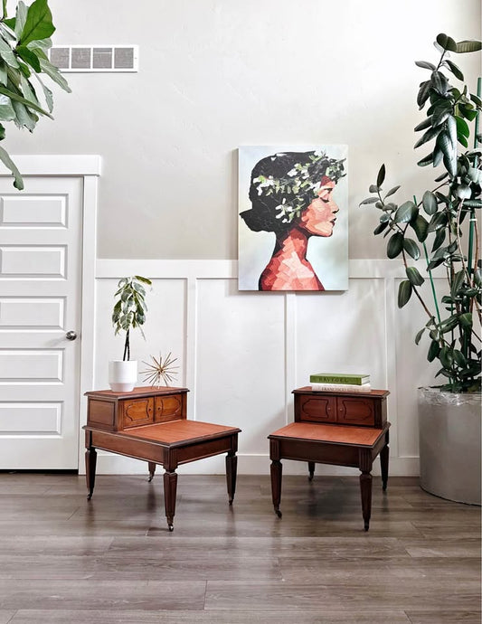 Pair of Vintage Mid Century 2-Tier Nightstands w/Decorative Inlay Border, Single Upper Drawer w/Bras — FloralHaus Vintage Utah