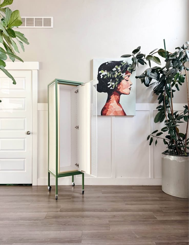 Modern White & Green Caged Metal Storage Cabinet w/Internal Plywood Locker & Locking Wheel Base — FloralHaus Vintage Utah