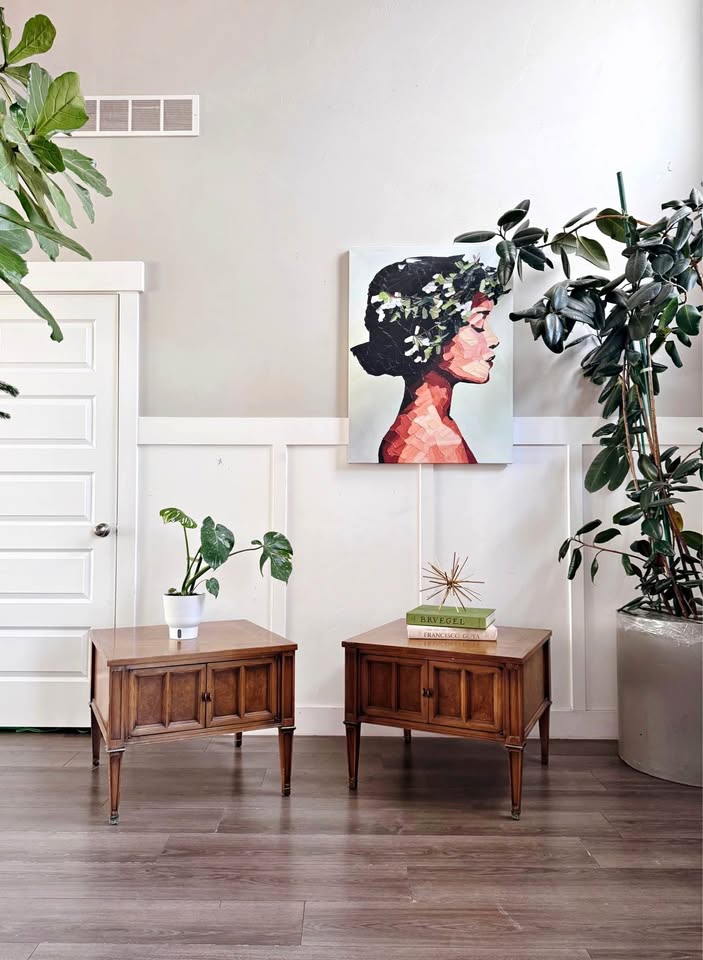 Pair of Vintage Mid Century Nightstands or Side Tables w/Double Door Cabinet, Brass Accents, Burl Fa — FloralHaus Vintage Utah