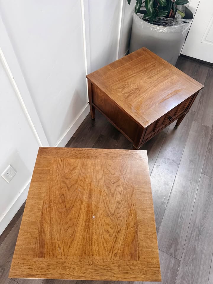 Pair of Vintage Mid Century Nightstands or Side Tables w/Double Door Cabinet, Brass Accents, Burl Fa — FloralHaus Vintage Utah
