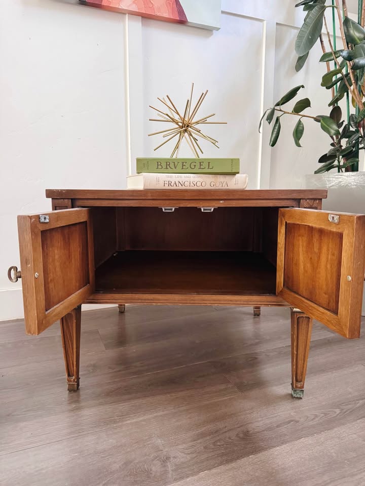 Pair of Vintage Mid Century Nightstands or Side Tables w/Double Door Cabinet, Brass Accents, Burl Fa — FloralHaus Vintage Utah