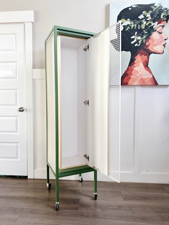 Modern White & Green Caged Metal Storage Cabinet w/Internal Plywood Locker & Locking Wheel Base — FloralHaus Vintage Utah