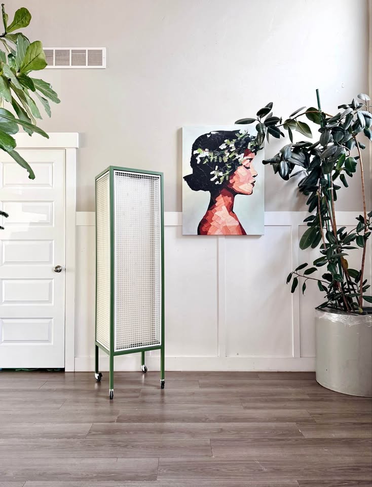 Modern White & Green Caged Metal Storage Cabinet w/Internal Plywood Locker & Locking Wheel Base — FloralHaus Vintage Utah