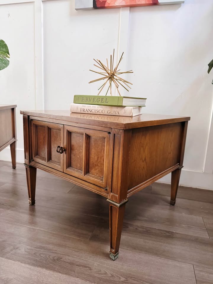 Pair of Vintage Mid Century Nightstands or Side Tables w/Double Door Cabinet, Brass Accents, Burl Fa — FloralHaus Vintage Utah