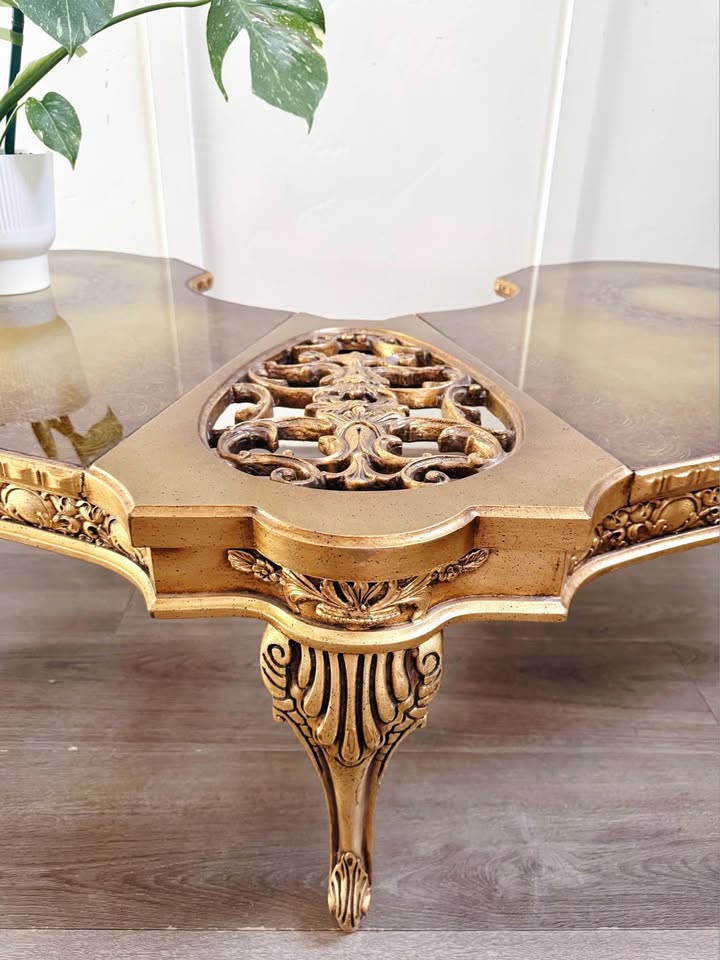 Vintage Victorian Gilded Kidney Bean Shaped Coffee Table w/Gold Leaf Top & Hand Carved Frame • Made — FloralHaus Vintage Utah