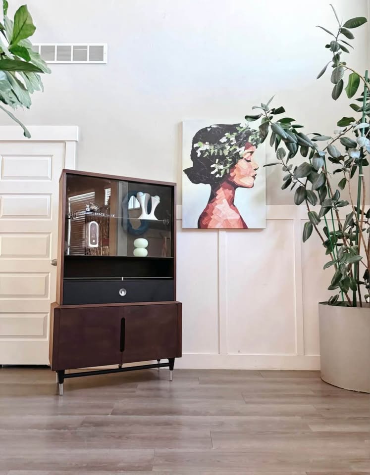 Vintage Mid Century Display Hutch Cabinet w/Original Sliding Glass Doors, Single Ebonized Drawer & 2 — FloralHaus Vintage Utah