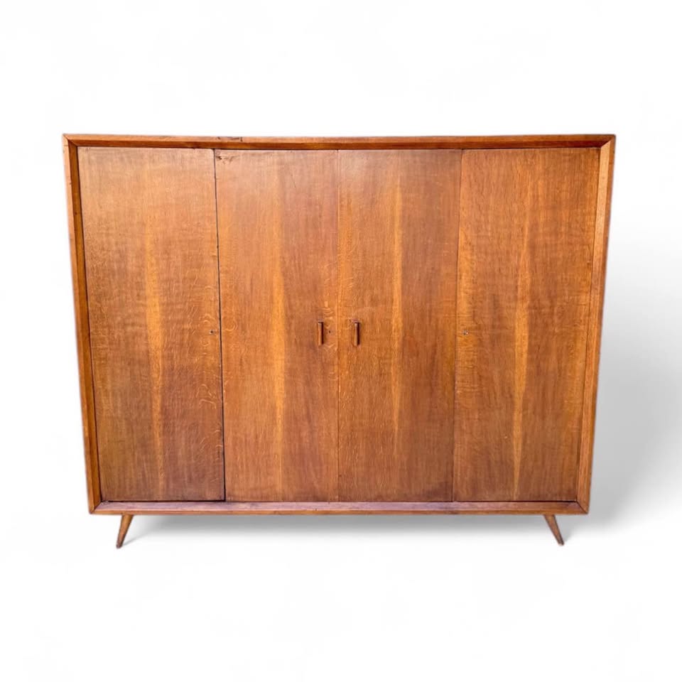 Vintage Mid Century Large Scale 4-Door Teak Wood Armoire Wardrobe Closet Cabinet w/Tapered Legs — FloralHaus Vintage Utah
