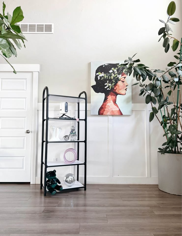 Black Coated Tubular 5-Tier Shelf Etagere w/Arched Top & White Laminated Shelves — FloralHaus Vintage Utah