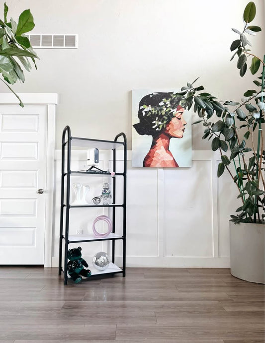 Black Coated Tubular 5-Tier Shelf Etagere w/Arched Top & White Laminated Shelves — FloralHaus Vintage Utah