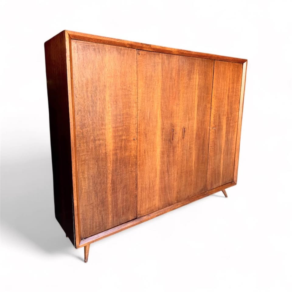 Vintage Mid Century Large Scale 4-Door Teak Wood Armoire Wardrobe Closet Cabinet w/Tapered Legs — FloralHaus Vintage Utah