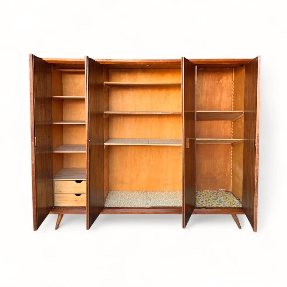 Vintage Mid Century Large Scale 4-Door Teak Wood Armoire Wardrobe Closet Cabinet w/Tapered Legs — FloralHaus Vintage Utah