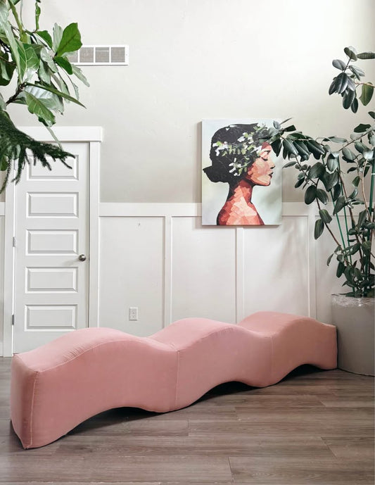 Vintage Postmodern Rose Pink Velvet Ripple Wave Squiggle Bench by Laurinda Spear — FloralHaus Vintage Utah
