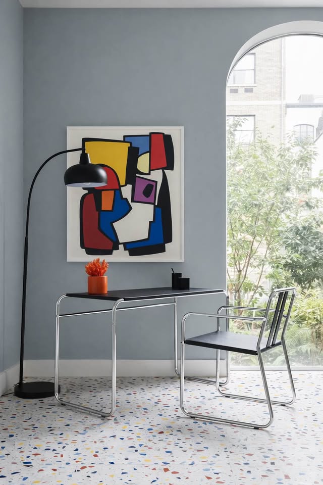 Vintage 1980’s Postmodern Black Sheet Metal & Tubular Chrome Framed Bauhaus Perforated Desk & “Innov