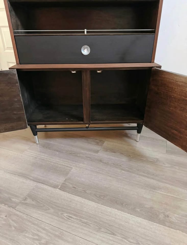 Vintage Mid Century Display Hutch Cabinet w/Original Sliding Glass Doors, Single Ebonized Drawer & 2 — FloralHaus Vintage Utah