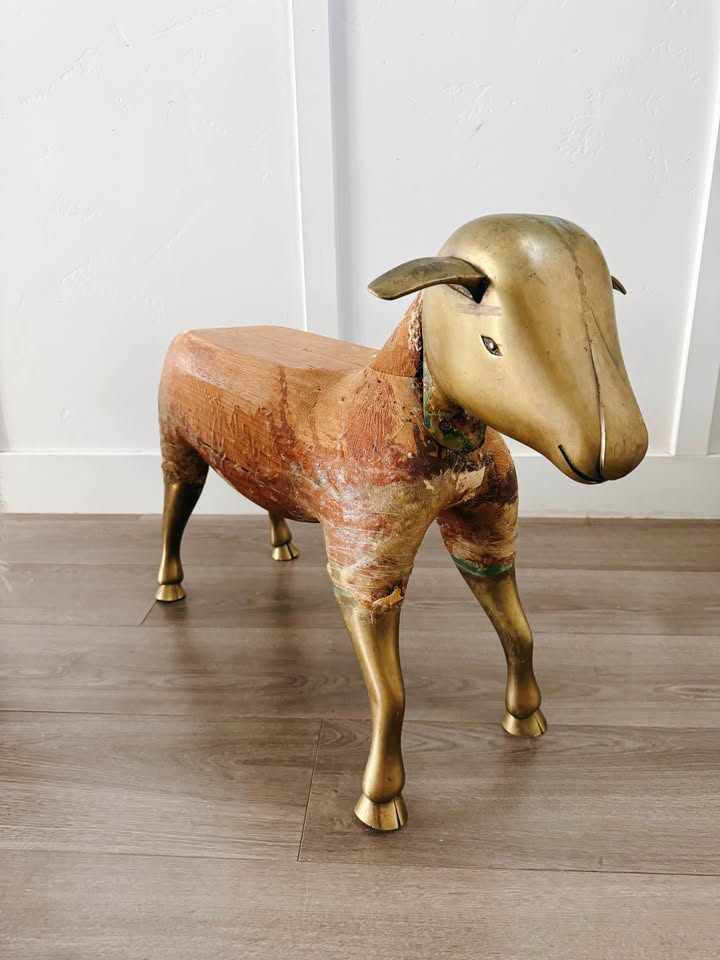 Vintage Mid Century 1975 Wool Wrapped Sheep Stools Sculpture w/Wood Form & Brass Appendages • After — FloralHaus Vintage Utah