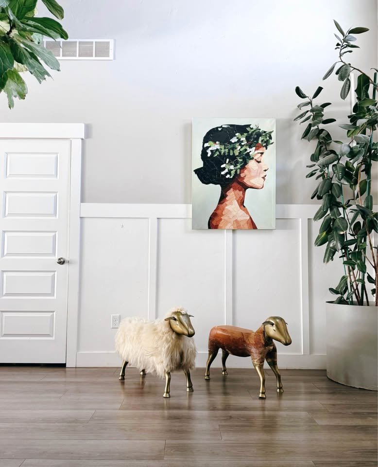 Vintage Mid Century 1975 Wool Wrapped Sheep Stools Sculpture w/Wood Form & Brass Appendages • After — FloralHaus Vintage Utah