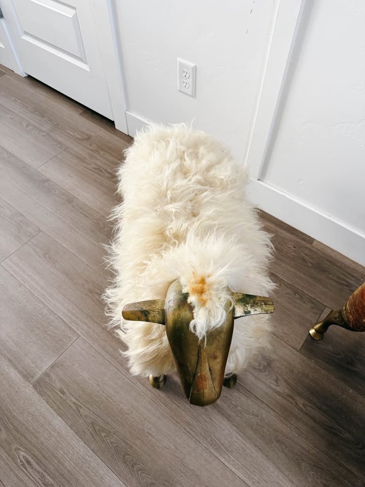 Vintage Mid Century 1975 Wool Wrapped Sheep Stools Sculpture w/Wood Form & Brass Appendages • After — FloralHaus Vintage Utah