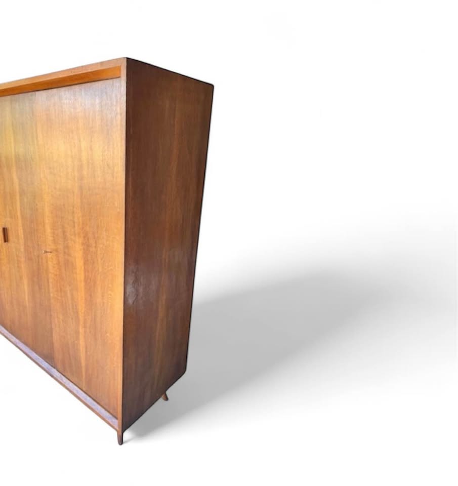 Vintage Mid Century Large Scale 4-Door Teak Wood Armoire Wardrobe Closet Cabinet w/Tapered Legs — FloralHaus Vintage Utah