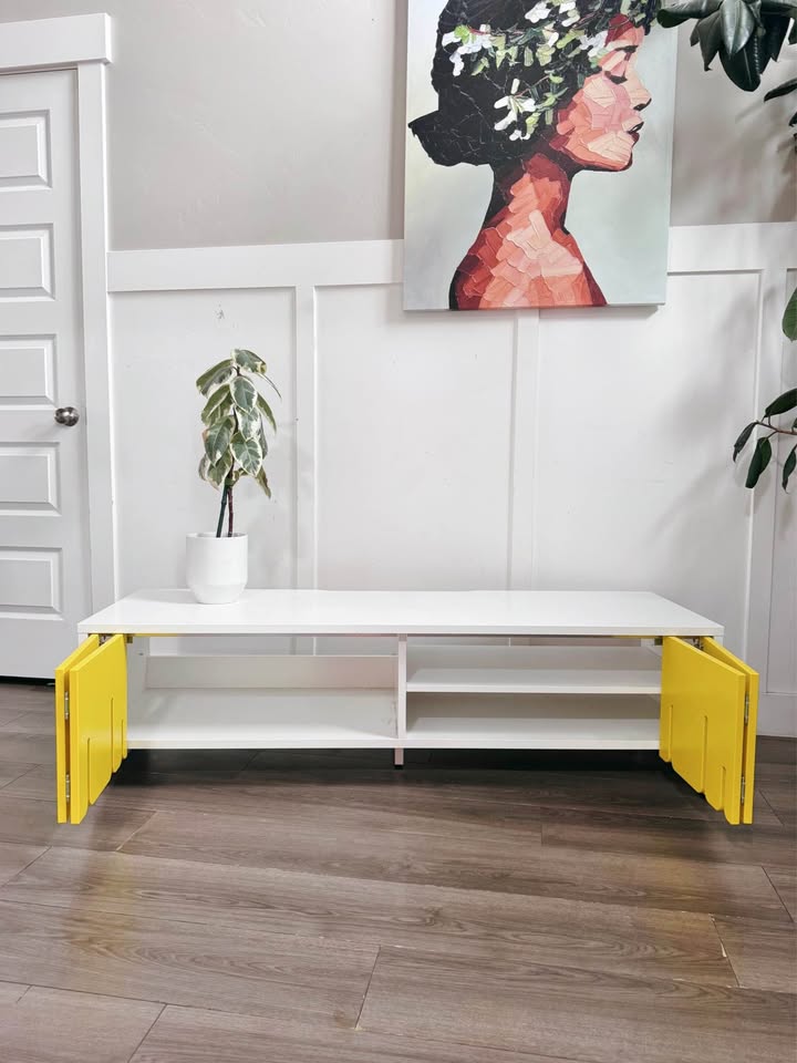 Modern PS 2012 White & Yellow Drip Accordion Door Media Bench from IKEA — FloralHaus Vintage Utah