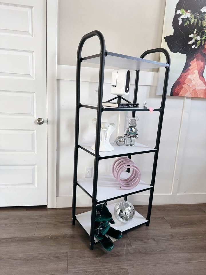 Black Coated Tubular 5-Tier Shelf Etagere w/Arched Top & White Laminated Shelves — FloralHaus Vintage Utah