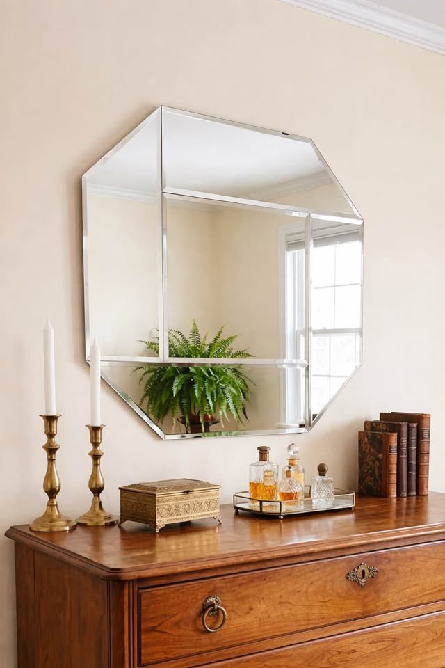 Vintage Large Scale Art Deco Revival Frameless Octagonal Beveled Wall Mirror — FloralHaus Vintage Utah