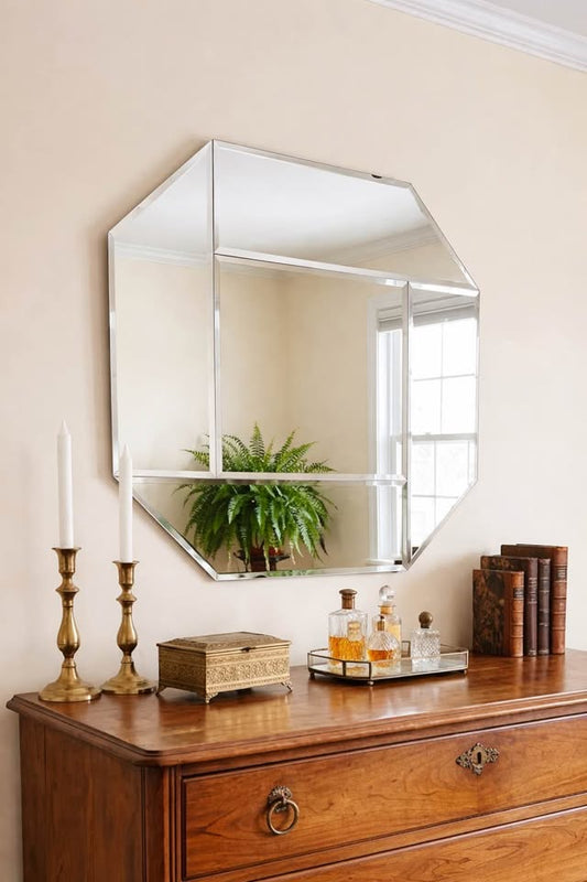 Vintage Large Scale Art Deco Revival Frameless Octagonal Beveled Wall Mirror — FloralHaus Vintage Utah