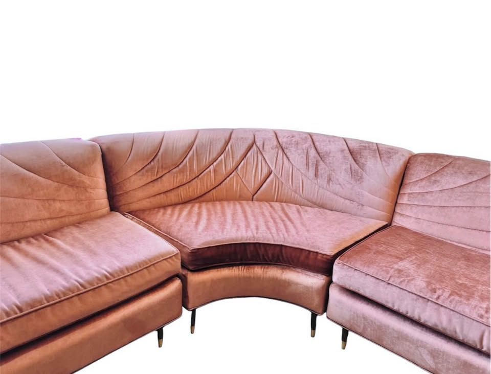 Custom Reupholstered Vintage Curved Sectional Couch Sofa Blush Velvet Sculptural Statement Piece — FloralHaus Vintage Utah