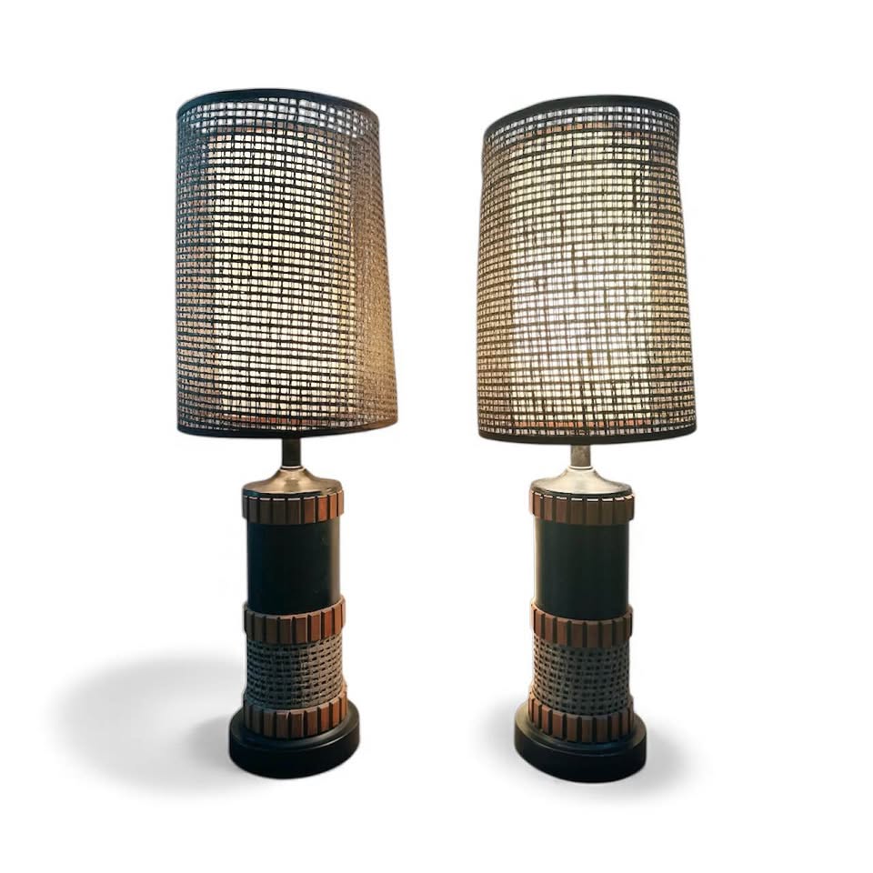 Pair of Vintage 1960’s Danish Walnut Gruvwood & Cane Double Shade World’s Fair Table Lamps by Hans W — FloralHaus Vintage Utah