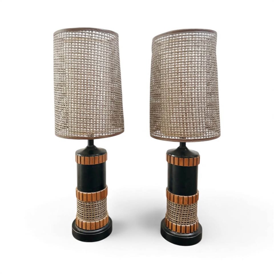 Pair of Vintage 1960’s Danish Walnut Gruvwood & Cane Double Shade World’s Fair Table Lamps by Hans W — FloralHaus Vintage Utah