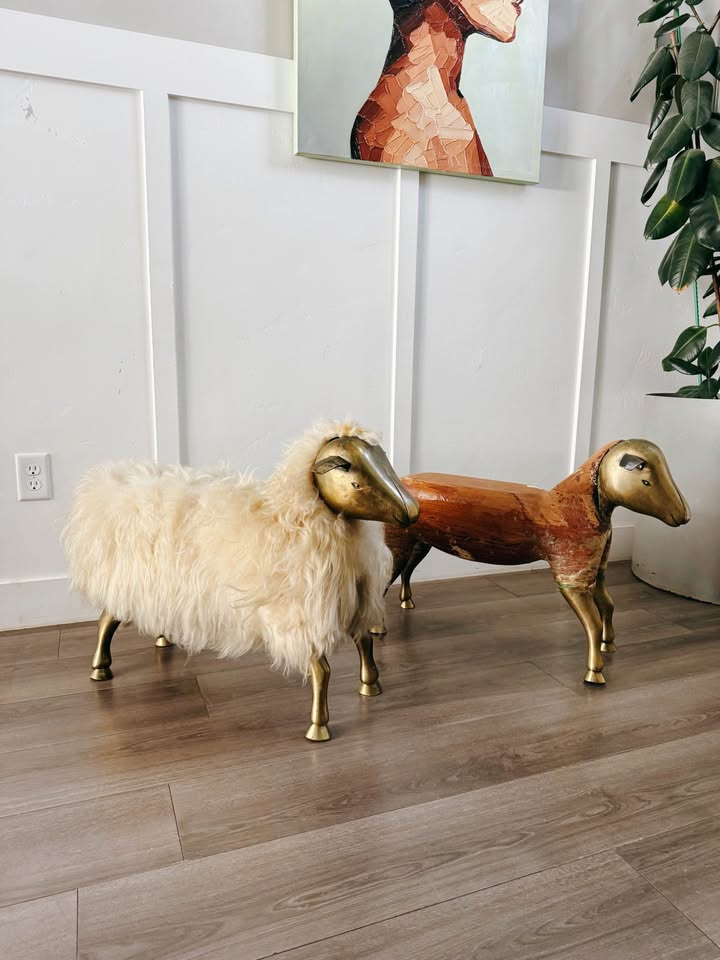 Vintage Mid Century 1975 Wool Wrapped Sheep Stools Sculpture w/Wood Form & Brass Appendages • After — FloralHaus Vintage Utah