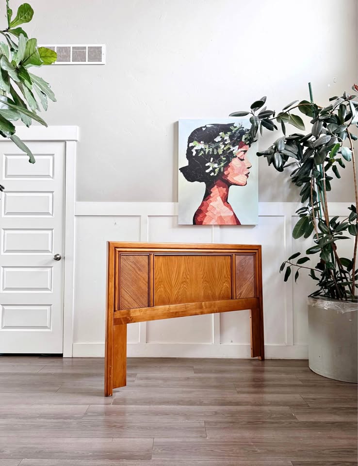 Vintage Mid Century Queen Oak Wood Headboard w/Pencil Reed Accents • Made in Canada — FloralHaus Vintage Utah