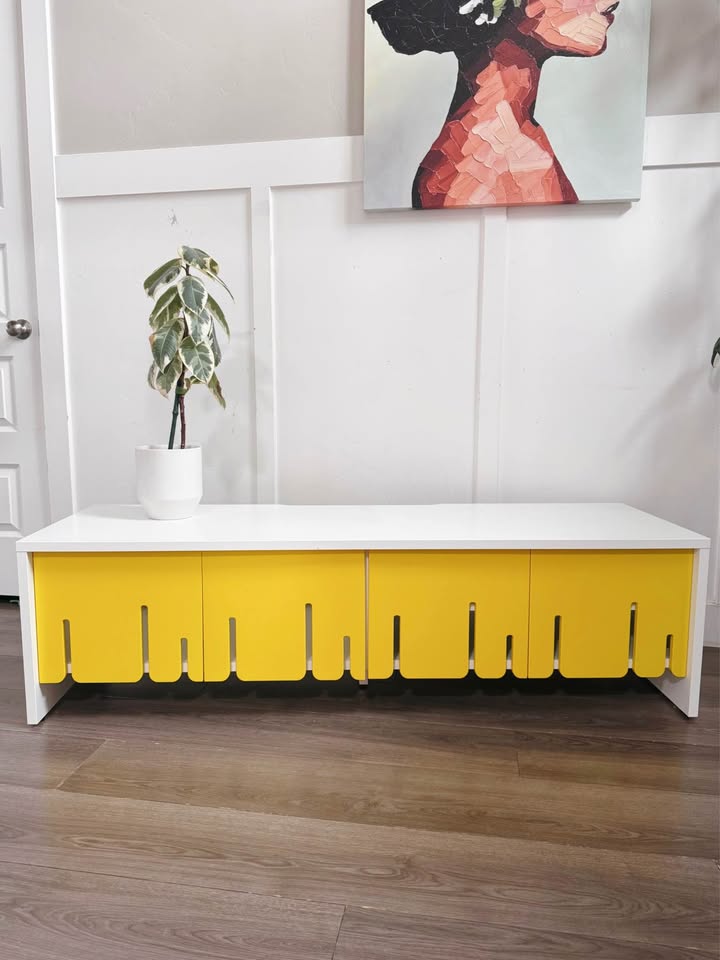 Modern PS 2012 White & Yellow Drip Accordion Door Media Bench from IKEA — FloralHaus Vintage Utah