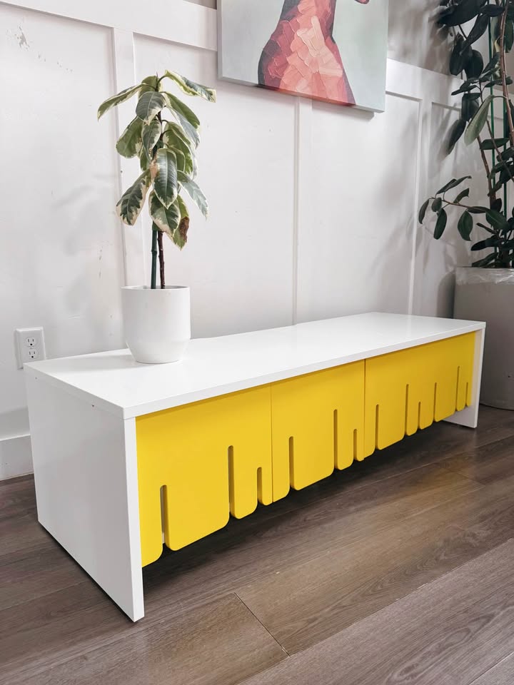Modern PS 2012 White & Yellow Drip Accordion Door Media Bench from IKEA — FloralHaus Vintage Utah